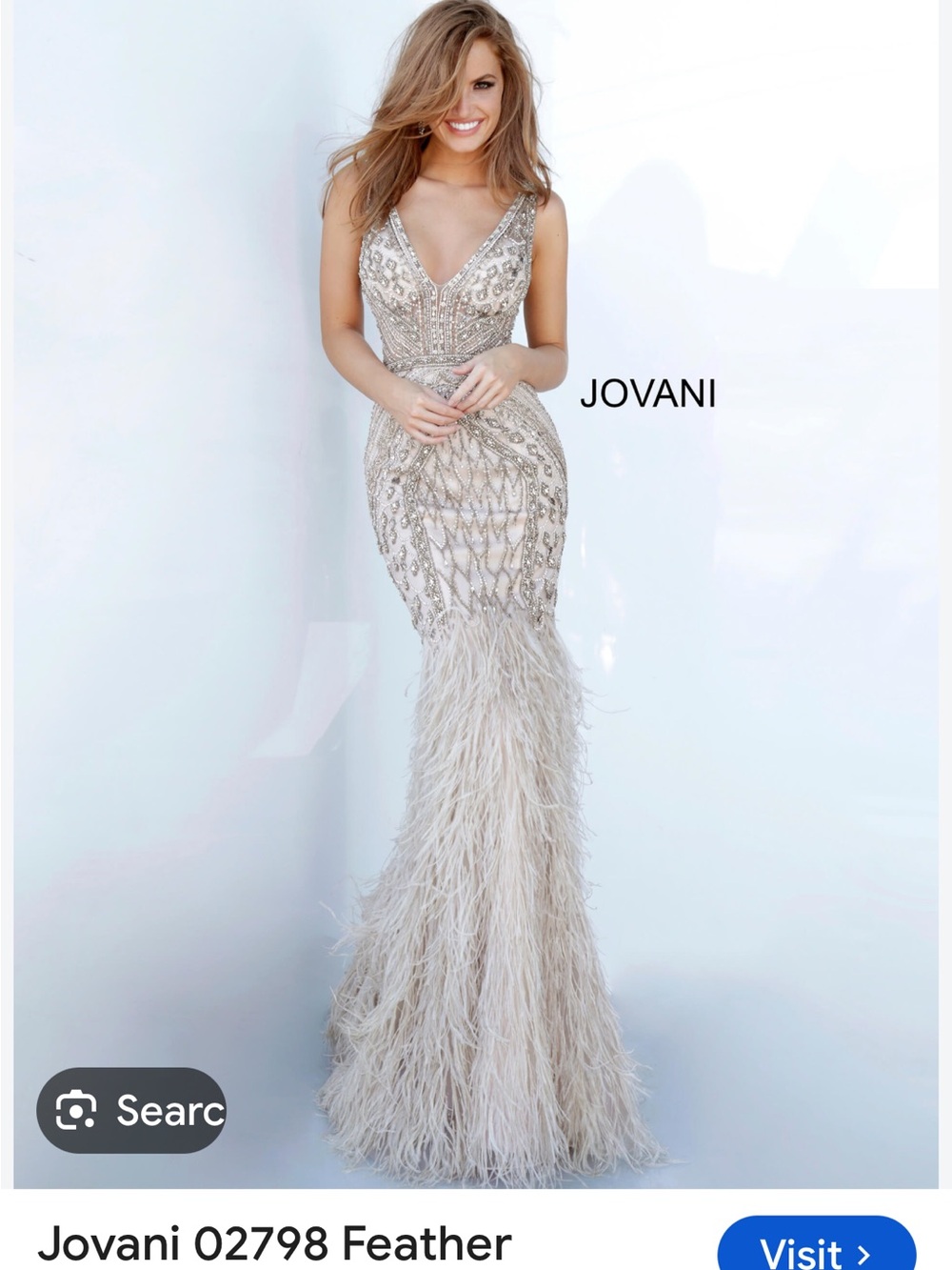 Jovani Champagne Beaded Feather Mermaid Gown